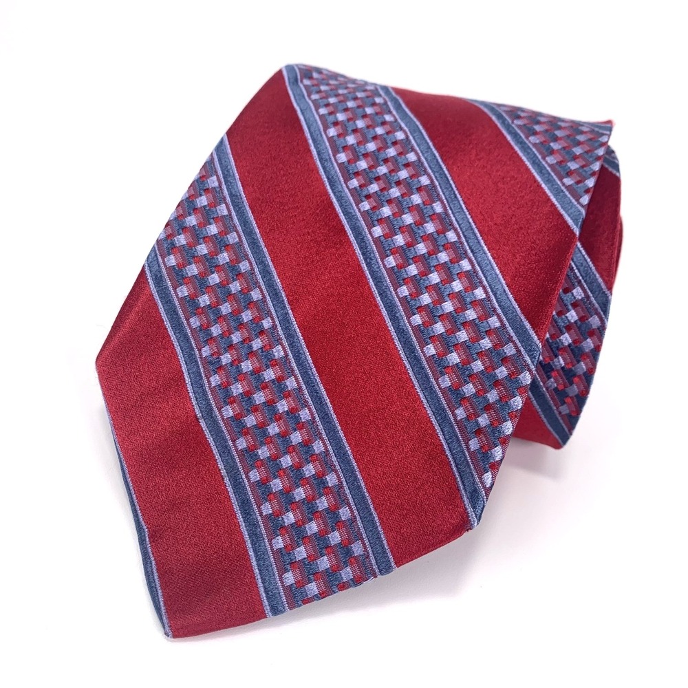 Faconnable Mens Tie Red Geometric Striped‎ Repp Design 100% Silk XL